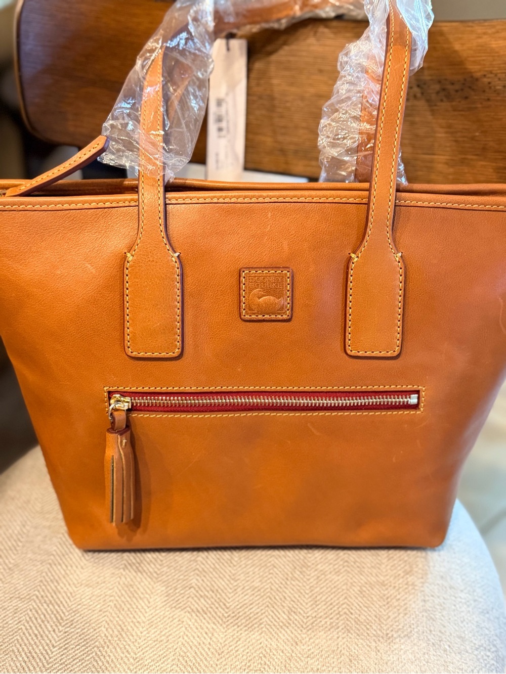 Dooney & Bourke Cognac Leather Tote with Front Zip and Tassel